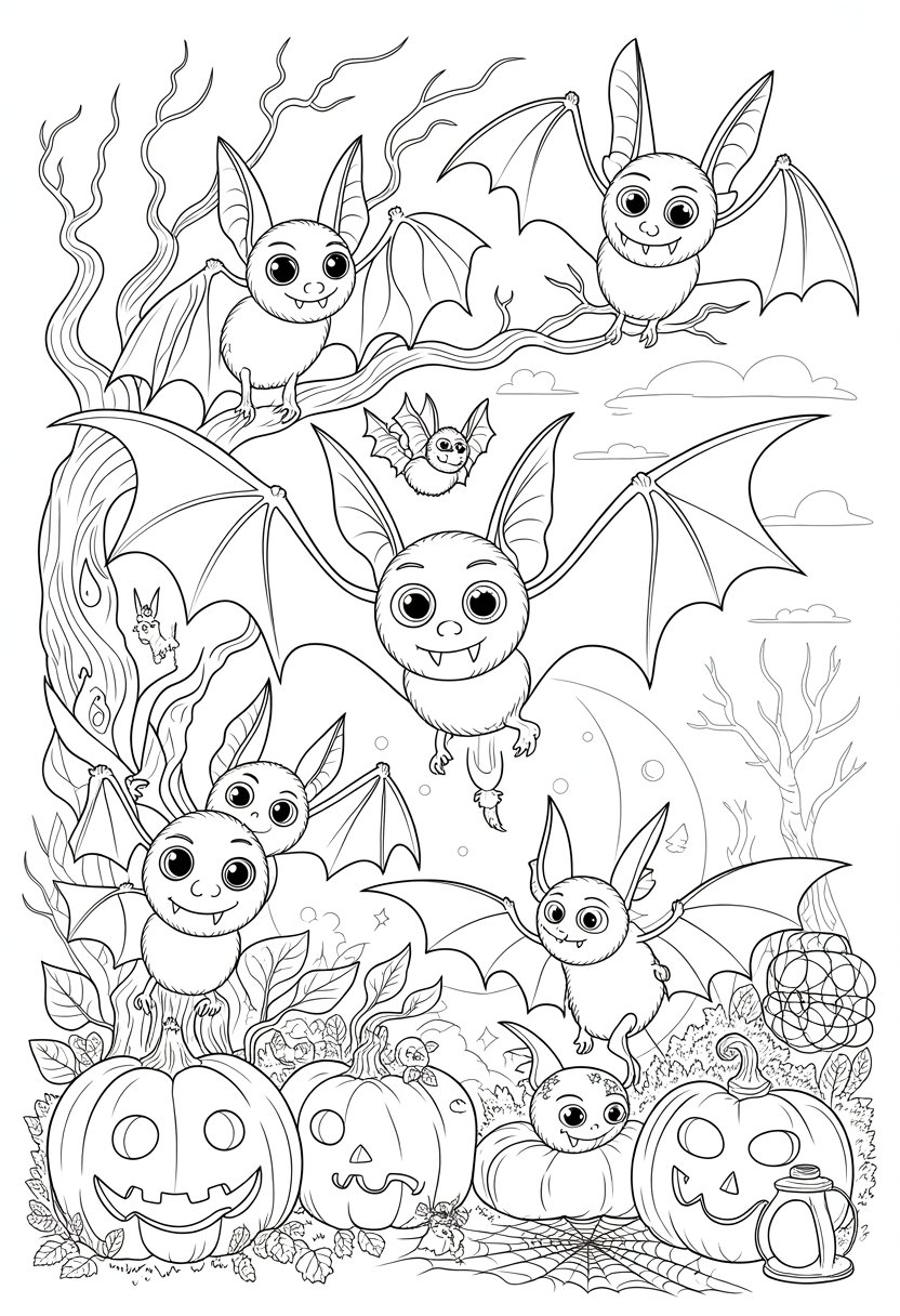 Halloween Coloring Pages Cute Collection of 20 Fun and Easy Designs 40 A group of cute vampire bats hanging from tree branches and flying around a crescent moon, surrounded by pumpkins, autumn leaves, cobwebs, and a full moon in the background.